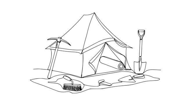 Camping Tent and Digging Tools - Isolated Line Art