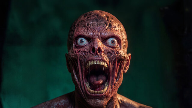 A portrait of a mutant zombie screaming with a wide open mouth and bulging eyes