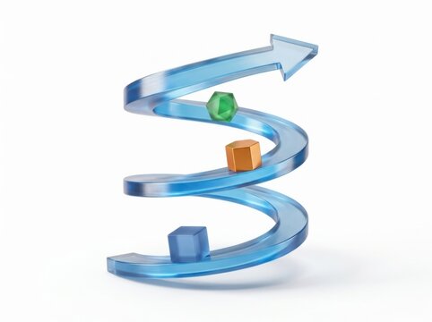 Transparent blue glass spiral ramp with a cube, hexagon, and cylinder sliding down isolated on a plain white background