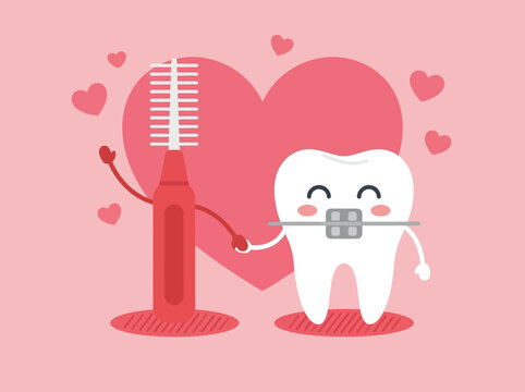 Cute Cartoon Tooth with Braces and Interdental Brush Illustration for Orthodontic Care and Dental Hygiene