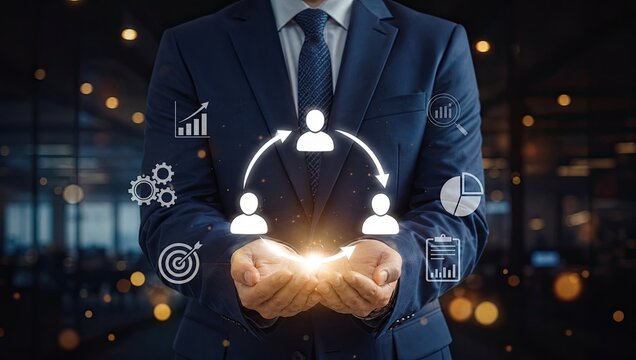 Businessman presenting glowing customer relationship management network icon with user cycle connecting strategy icons for corporate organization optimization.