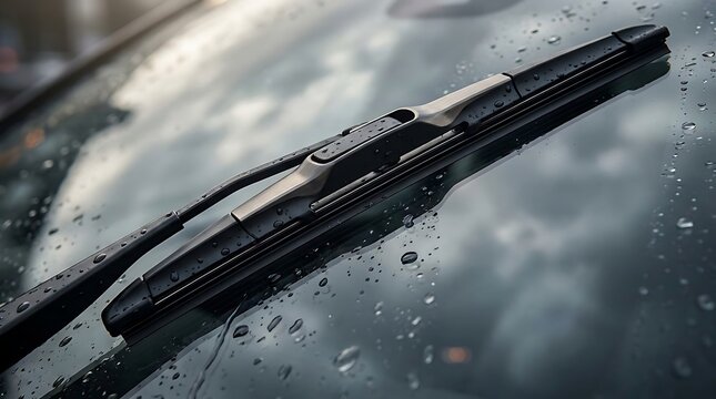 Car windshield wiper blade cleaning rain from glass during a storm