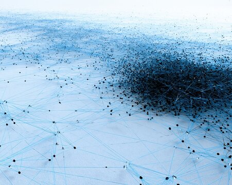 Particle mesh network compressing from sparse to dense, featuring a cool crystalline texture on a bright white background for technology overlays