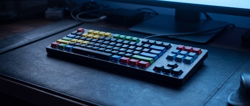 Custom mechanical keyboard with colorful keycaps and RGB lighting on a desk for typing and computer use