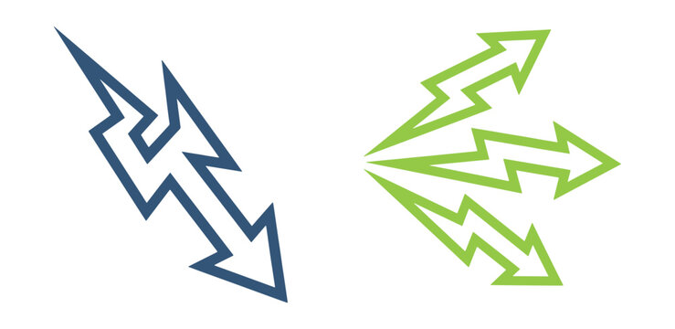 Dark blue lightning bolt with an arrow and a green with three lightning bolts pointing right on a white background
