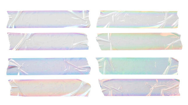 Holographic transparent tape collection set, clear pink purple rainbow aqua iridescent glossy torn masking tape strips isolated on white