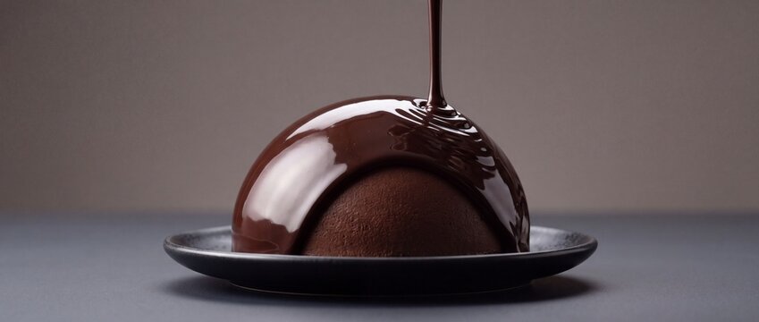 Shiny chocolate mirror glaze pouring over dark cocoa mousse dome dessert on black ceramic plate for gourmet pastry shop menu presentation