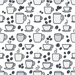 Obraz premium A seamless pattern features coffee cups, mugs, and scattered coffee beans. The design creates a repetitive texture suitable for backgrounds.
