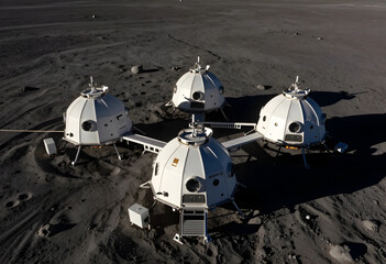 Obraz premium Space colonization and lunar base, futuristic habitat modules on a desolate alien planet surface for extraterrestrial exploration and scientific research