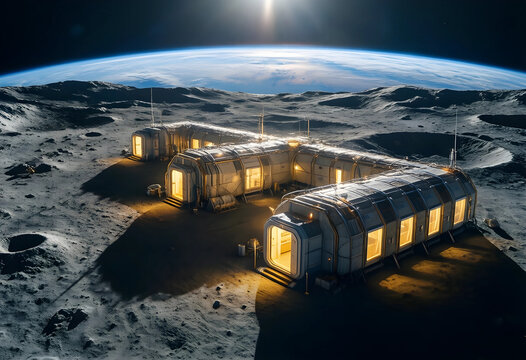 Space exploration and lunar colonization, futuristic moon base with glowing habitat modules on the lunar surface with Earth rising in the dark sky