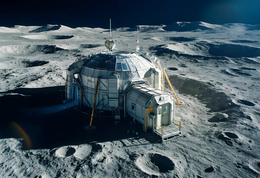 Space exploration and lunar colonization, futuristic moon base habitat with research modules on the cratered surface of the moon in deep outer space