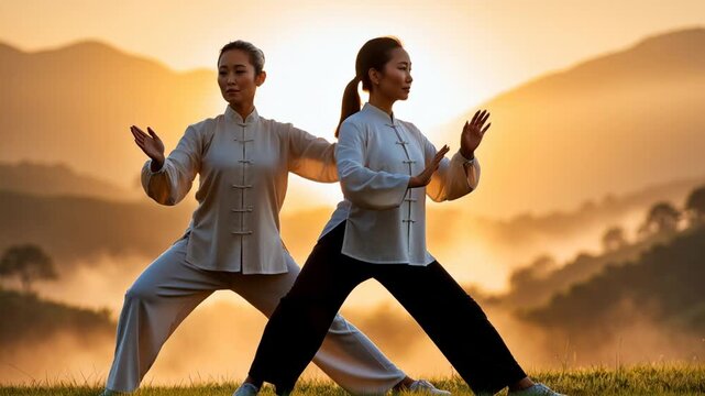 People doing activity ancient Chinese martial art tai chi sport in park sunset outdoor AI Generative