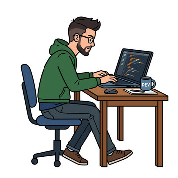 A bearded man in glasses codes on his laptop at a desk. A "DEV" mug sits nearby.