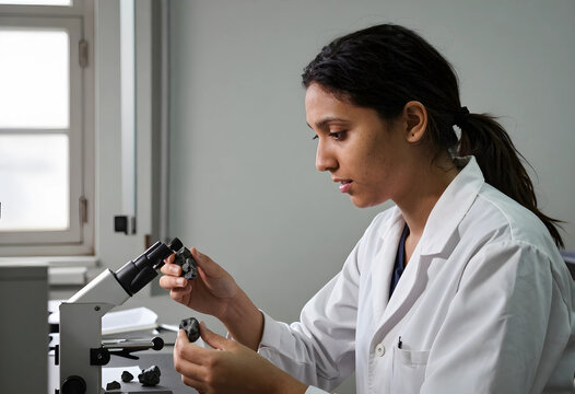 Geological research and mineral analysis, scientist examining rock samples with a microscope in a laboratory for earth science and material testing