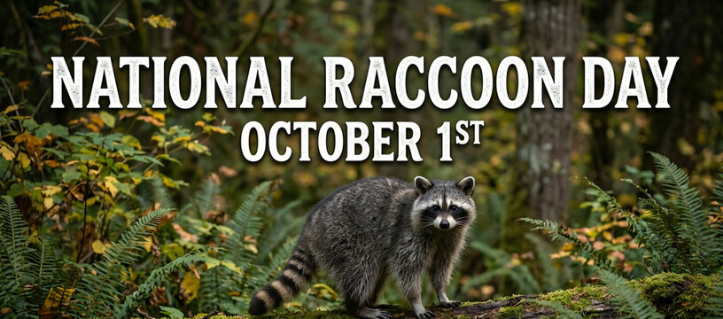 National Raccoon Day text overlay on a wild raccoon standing in a forest