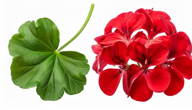 Red Geranium Pelargonium Flower With Green Leaf Botanical Card With Full Flower And Enlarged Detail Isolated On White Background