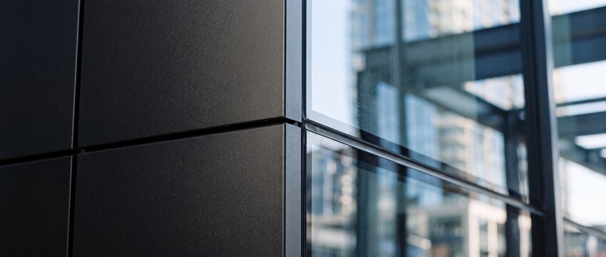 Sleek black composite cladding panels meet glass curtain wall with reflection of city skyscrapers representing high end architecture