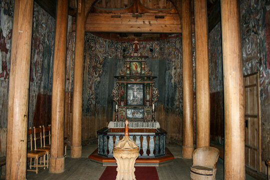 Interior and Altar of Heddal Stave Church in Norway