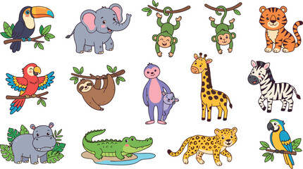 Fototapeta premium Cute Jungle and Safari Wild Animal Vector Character Set with Funny Cartoon Elephant Tiger Monkey Sloth Giraffe and Birds for Kids Nursery Designs