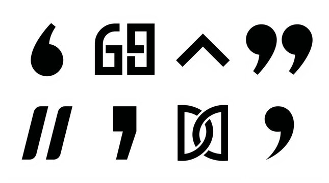 Collection of quotation marks and punctuation symbols, typographic symbols set for text formatting, black comma, semi-colon, apostrophe, and citation signs isolated on white background