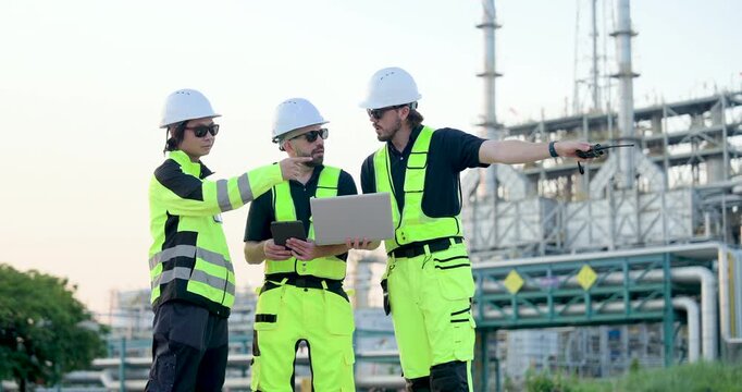 Female engineer points toward pipeline while male technician checks tablet and engineer uses laptop, coordinating refinery inspection route, hazard risk report, site safety review plan onsite.