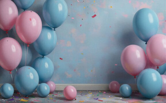Pink and blue balloons float against a festive, confetti-filled backdrop.