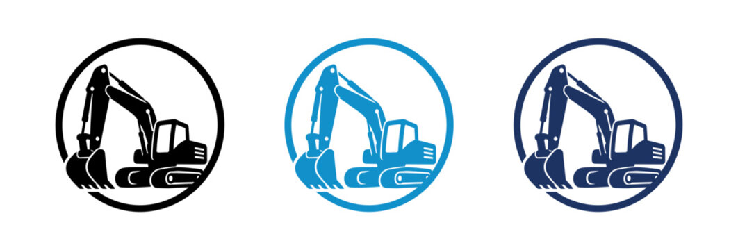 Heavy construction excavator machine logo icons in black and blue circular frames.