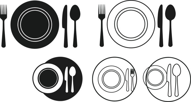 Minimalist restaurant cutlery icons, black and white plate with fork and knife vector set, dining table setting symbols for menu design