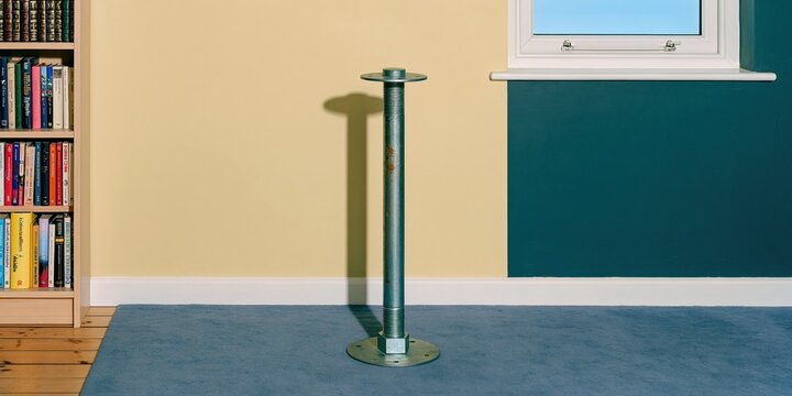 Giant galvanized wall anchor with a metallic finish standing in a living room, featuring a surreal scale for disaster preparedness and copy space