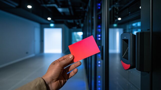 Hand holding a blank red access card near a wall reader in a server room, featuring a matte plastic finish and cool grey tones for security mockups