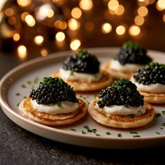 Obraz premium Modern plate of luxurious caviar with blinis, crÃ¨me fraÃ®che, and chives. Intense warm festive lights background.