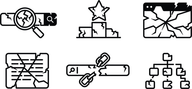 Set of broken web and seo icons representing website errors, technical issues, and broken links