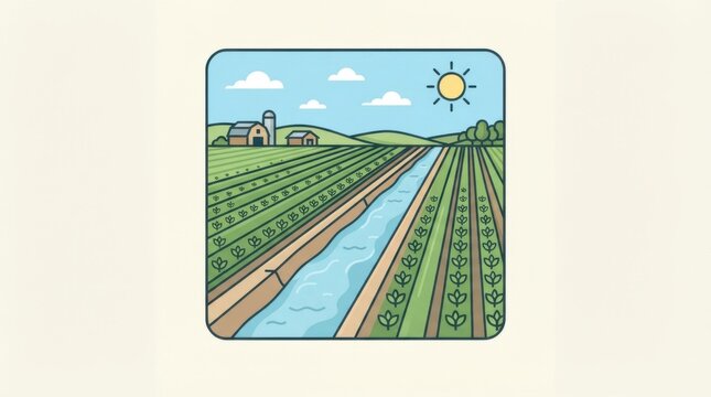 Green farm field with irrigation canal and sun in a flat style vector