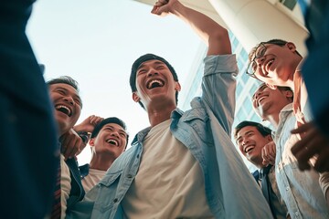 Obraz premium Low angle view of happy young men cheering together outdoors by modern building