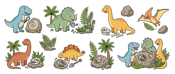 Cute cartoon dinosaurs and fossils on transparent background © rezkiahmad