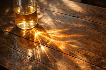 Obraz premium Sunlight refracts through glass bottle onto rustic wooden table creating rainbow patterns