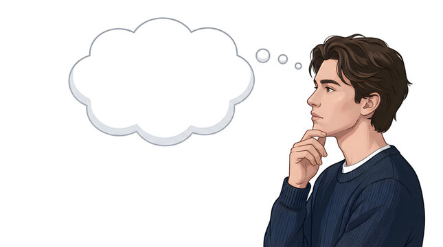 Thinking man with empty thought bubble illustration, isolated on transparent background