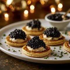Obraz premium Modern plate of luxurious caviar with blinis, crÃ¨me fraÃ®che, and chives. Intense warm festive lights background.
