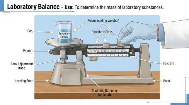 Laboratory balance beam scale setup measuring beaker mass with pointer, sliding weight, ruler scale, equilibrium pan, zero adjustment knob, leveling foot, fulcrum, and magnetic damping.