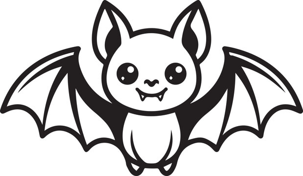 Happy flying bat with cute face and spread wings line art outline vector illustration isolated