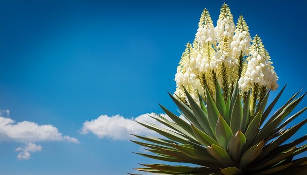 Yucca Gigantea Yucca Elephantipes Yucca Guatemalensis A Species Of Yucca White Flowers Against The Sky Copy Space