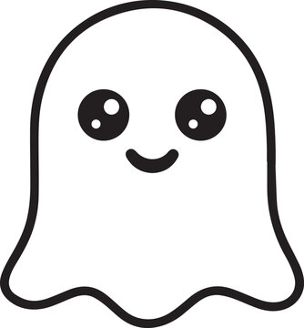 Cute smiling floating ghost character with big eyes line art outline vector illustration isolated