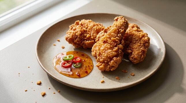 Crispy fried chicken with hot honey glaze and chili accents, designed for modern restaurant promotions, limited-time menus, food advertising, and social media campaigns.