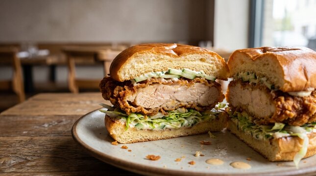 Crispy fried chicken sandwich with lettuce, pickles, and creamy sauce, designed for restaurant menus, food advertising, online ordering, and commercial culinary marketing.