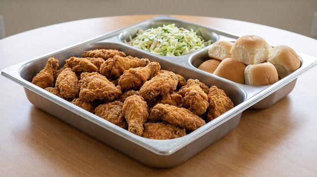 Fried chicken catering tray with simple side dishes, showing practical group food service for catering websites, corporate meals, event advertising, and restaurant marketing.