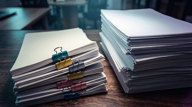 Piles of important documents and paperwork neatly organized on a wooden office desk ready for review