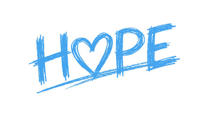 Fototapeta premium Handwritten Heart and Hope: A vibrant blue illustration featuring the word HOPE with a heart replacing the letter O, rendered in a bold, hand-drawn style on a plain background.
