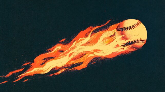 Dynamic baseball on fire flying through dark background in vintage comic style
