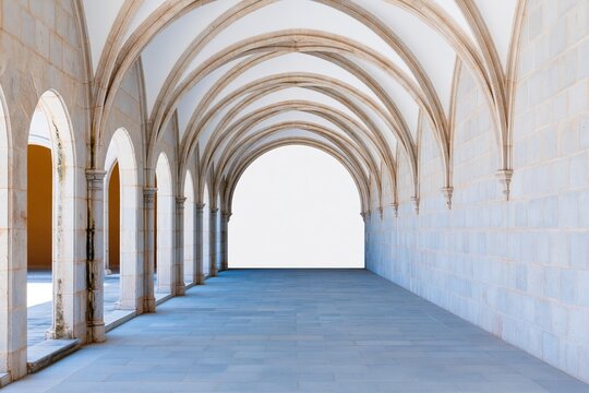 Vaulted monastery corridor with ribbed arches and grey stone masonry, creating a hushed atmospheric mood for heritage tourism and history backgrounds