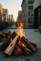 Obraz premium Urban lifestyle and relaxation, rooftop bonfire with burning wood logs on a city terrace at sunset for social gathering and evening atmosphere